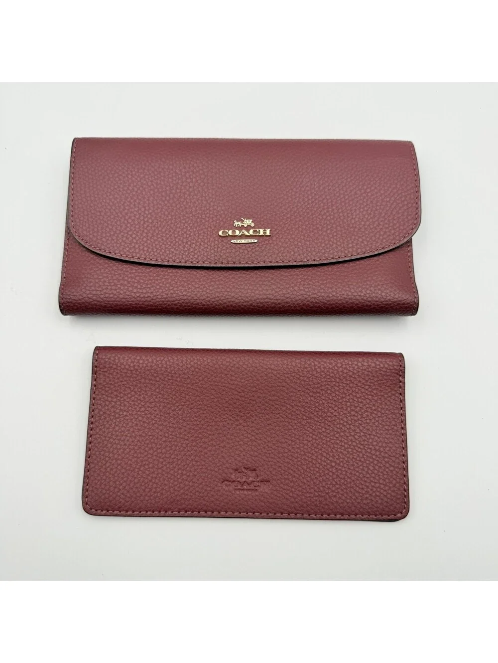 Coach Women’s Pebble Leather Raspberry and Gold Trifold Wallet Zip Pocket